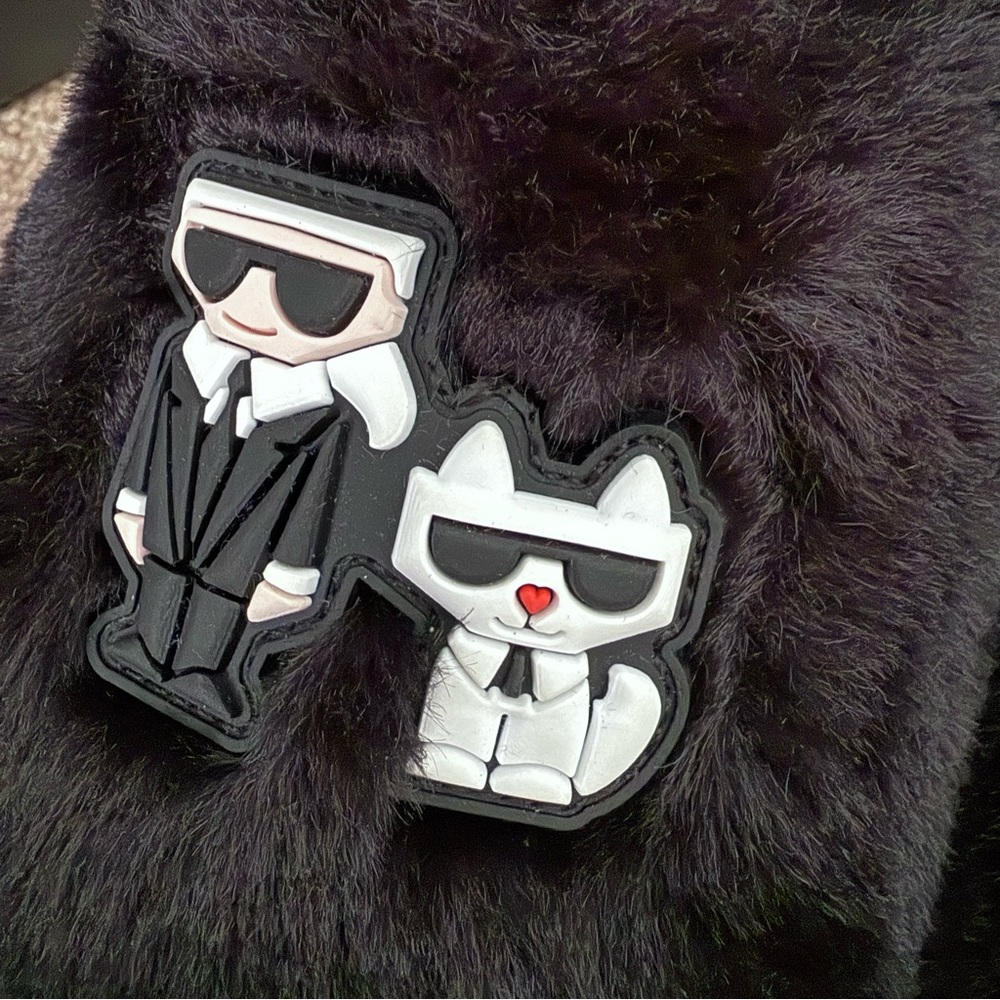 NEW Karl Lagerfeld Black Plush Slippers Faux Fur - Picture 3 of 8